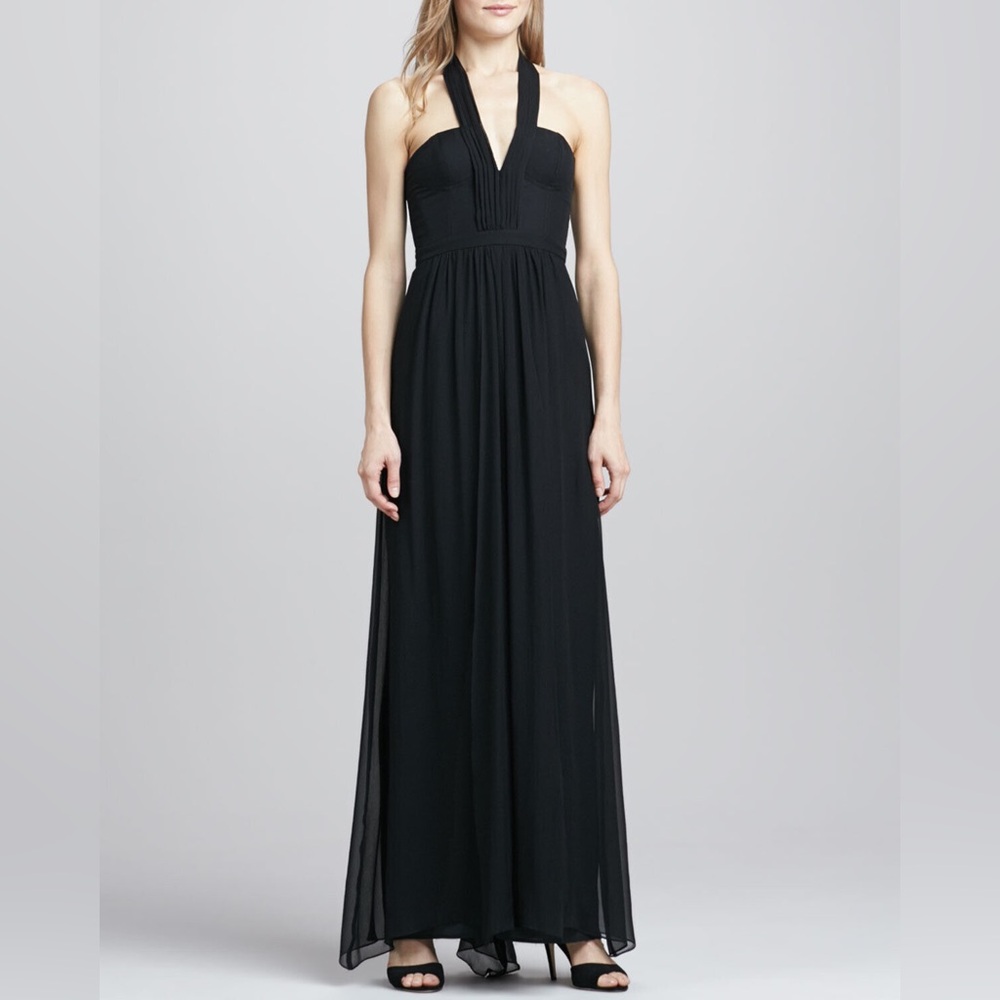 BCBGMaxAzria Starr Deep v-neck silk halter long black dress size 2
